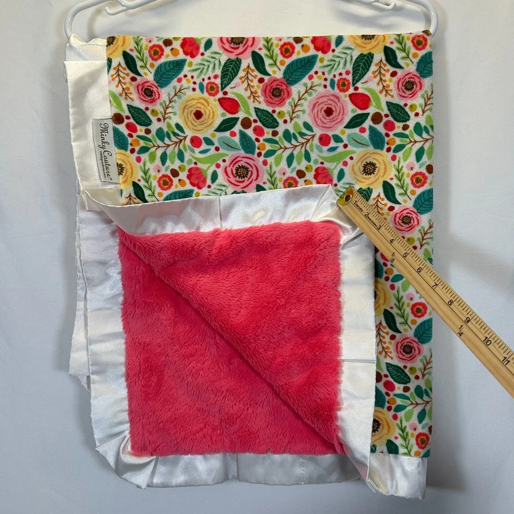 Minky Couture Baby Blanket Infant 38x32 Satin Ruffle Flowers Pink Posh Gift Boho